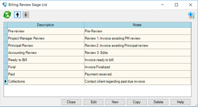 Ajera Billing Review Stage List